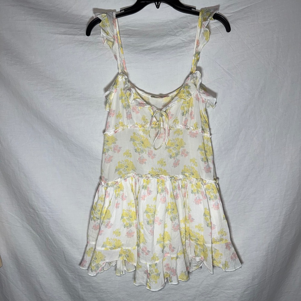 LoveShackFancy Yellow Floral Cotton Tiered Mini Dress Ruffle Straps Size Small